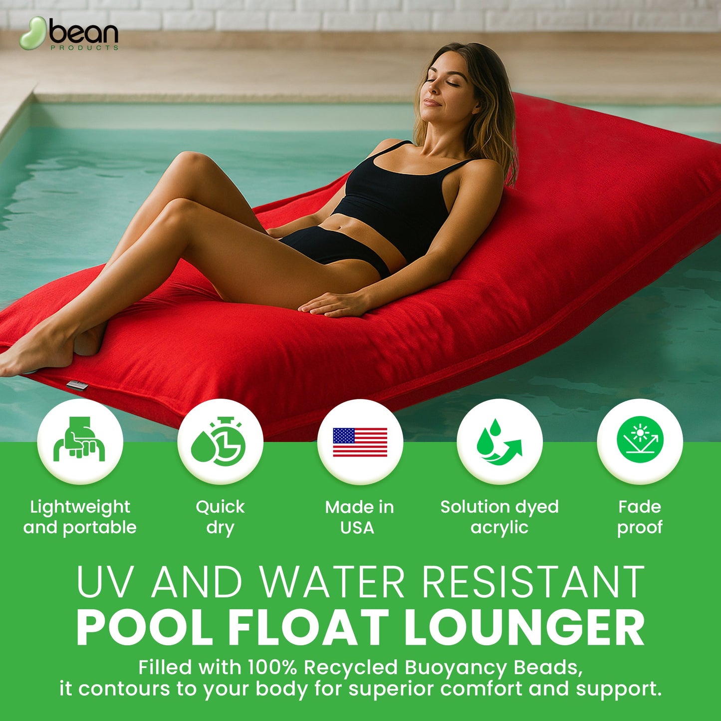 Pool Float Bean Bag Lounger - Extra Large No Air Inflation needed, Made in USA