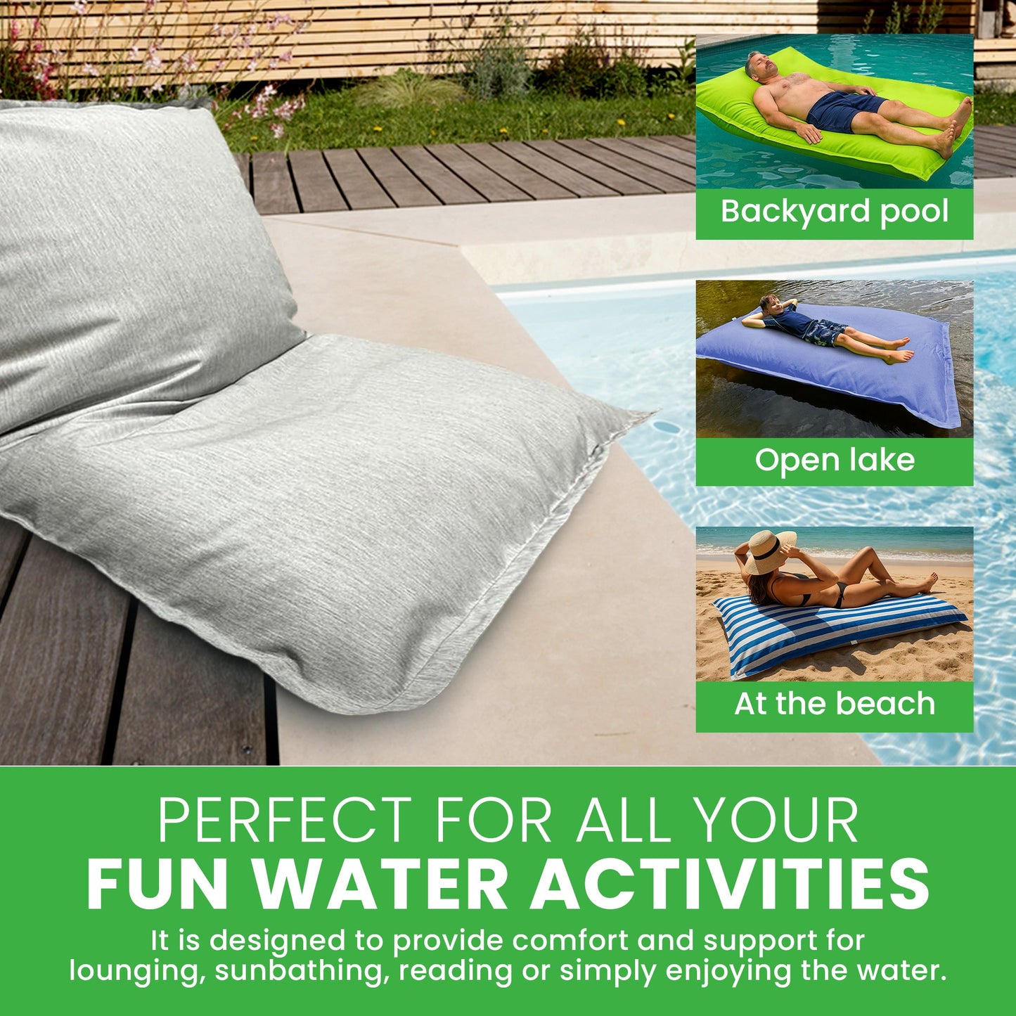 Pool Float Bean Bag Lounger - Extra Large No Air Inflation needed, Made in USA